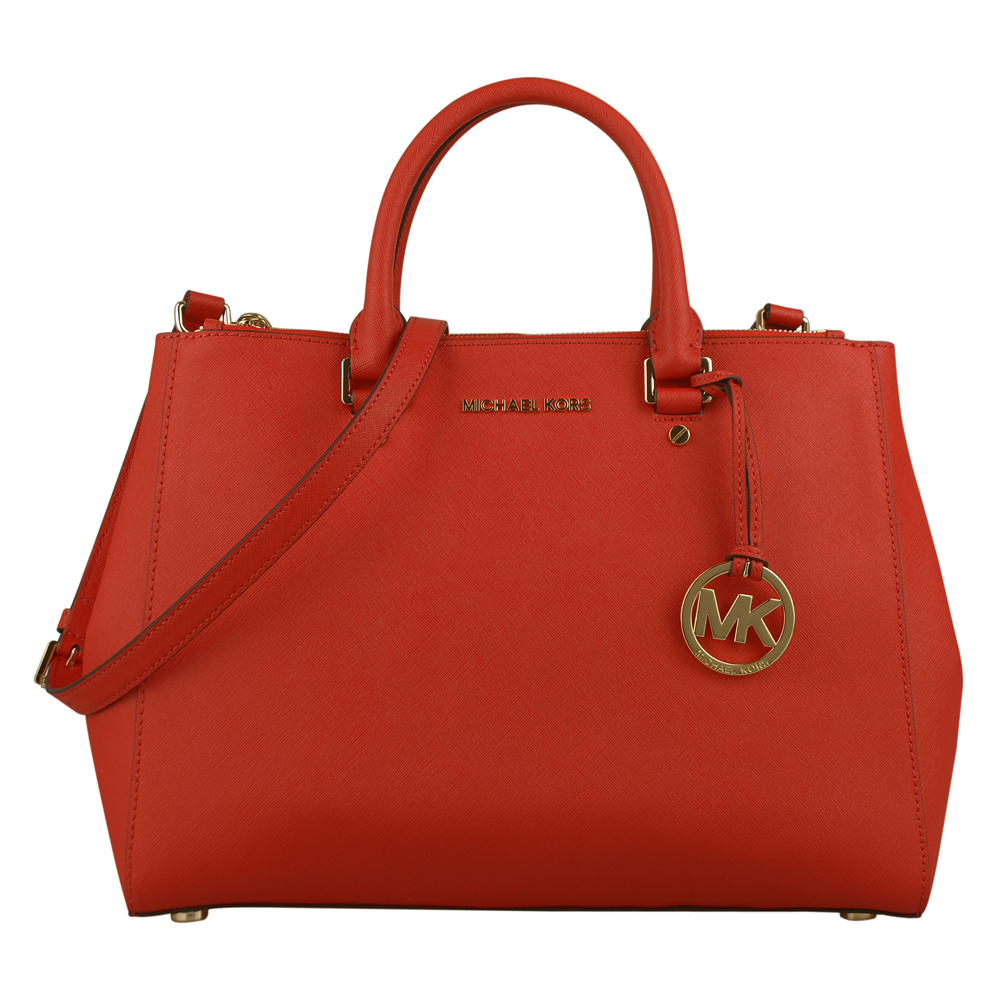 MICHAEL KORS 金字LOGO防刮牛皮手提/斜背兩用包(橘紅)