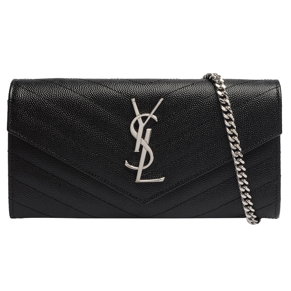 YSL MONOGRAM系列V字縫線魚子醬牛皮金屬LOGO銀鍊手提/手拿長夾(黑)