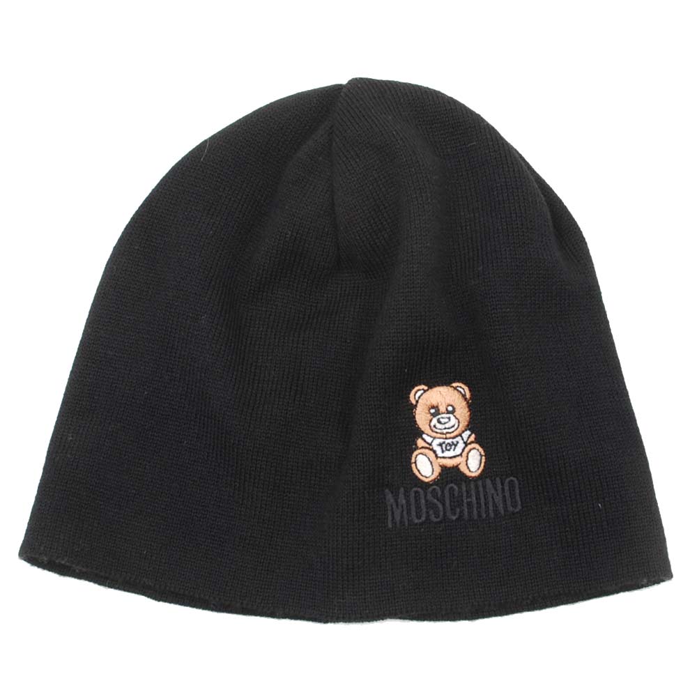 MOSCHINO 品牌TOY小熊LOGO保暖造型羊毛帽(黑)