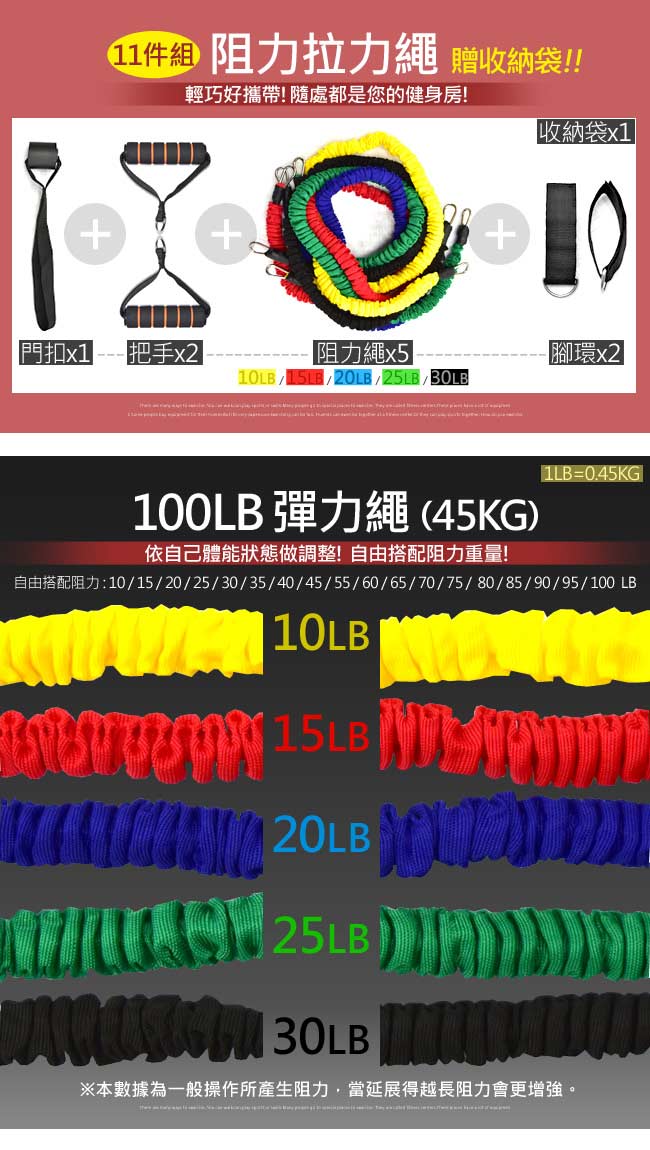 安全織帶11件組100磅可調式拉繩拉力器