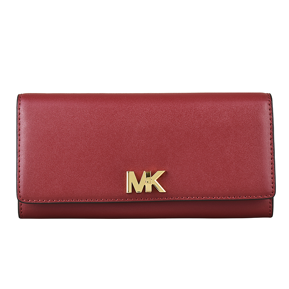 MICHAEL KORS MOTT金字MK金屬LOGO滑面皮革轉釦長夾(桑甚紅)