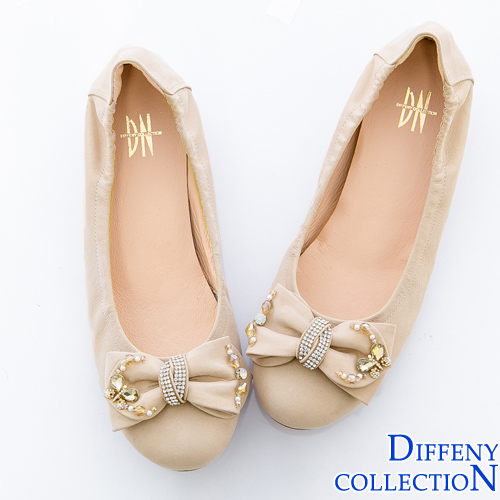 DN 精緻手工 珠光牛皮蝴蝶結內增高娃娃鞋-米