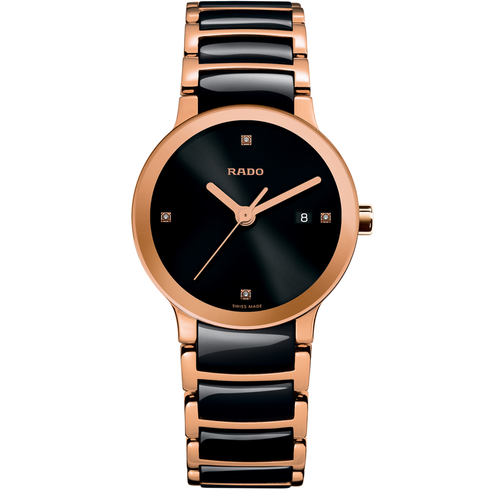 RADO 雷達錶 官方授權(R02) Centrix 晶萃系列女用時尚腕錶-黑+玫瑰金/28mm