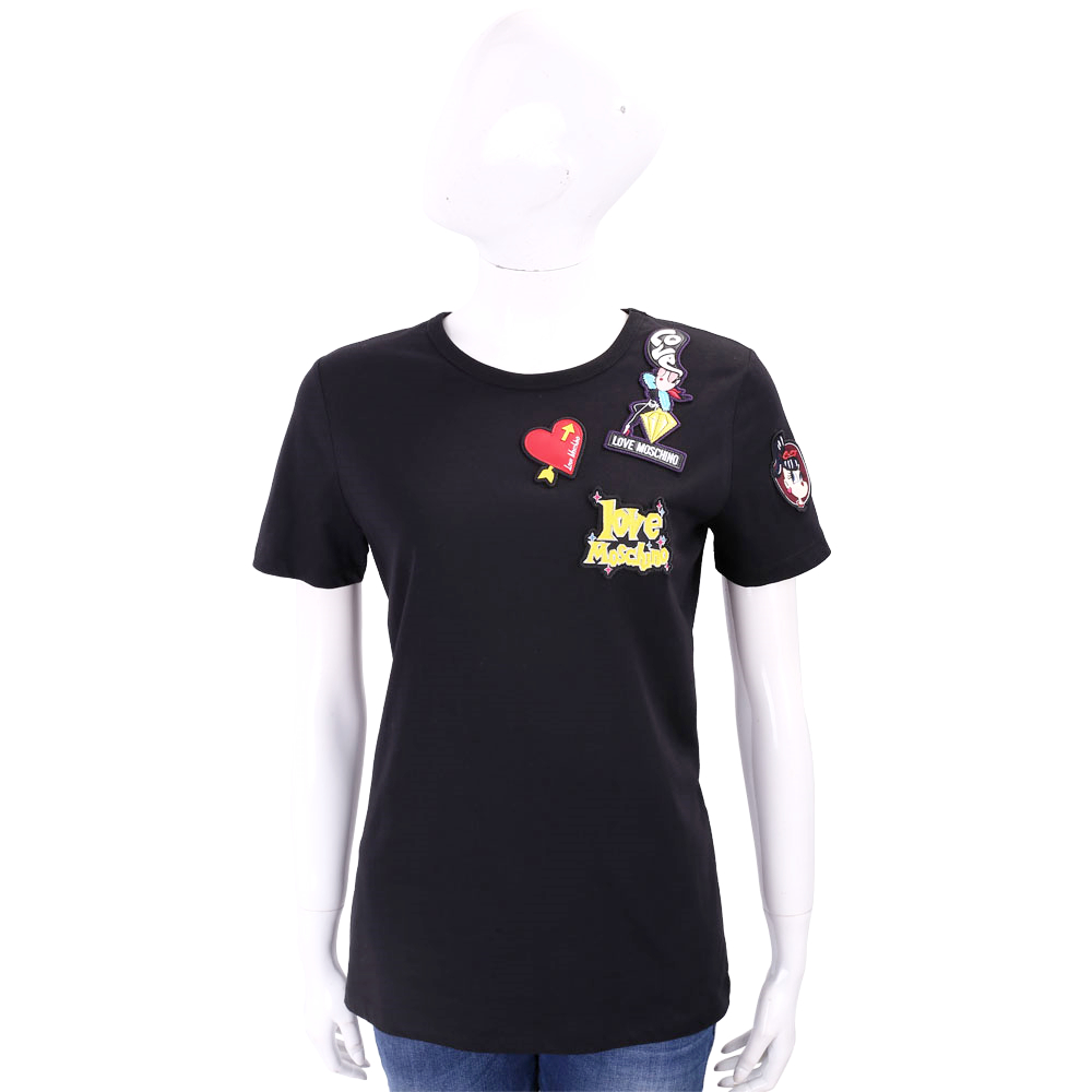 LOVE MOSCHINO 鑽石卡通女孩補丁貼黑色棉質T恤