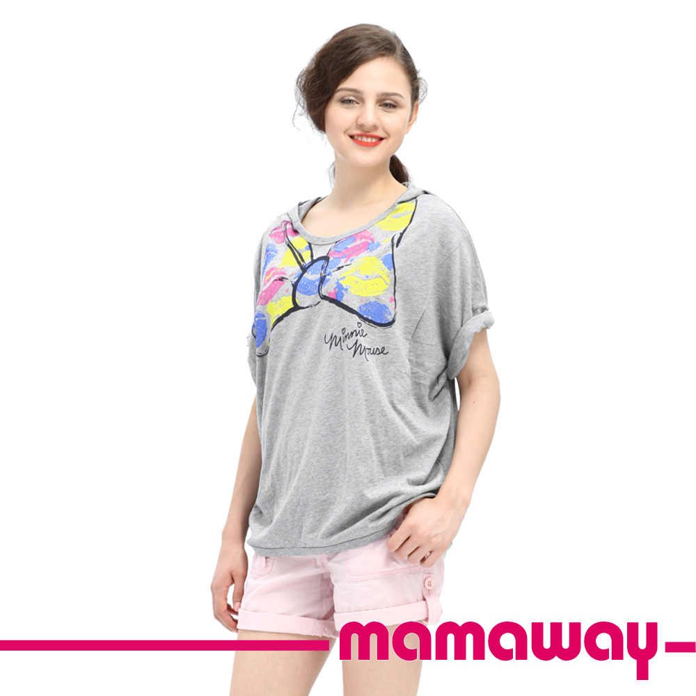 【Mamaway】迪士尼蝴蝶結連帽孕哺罩衫(麻灰)