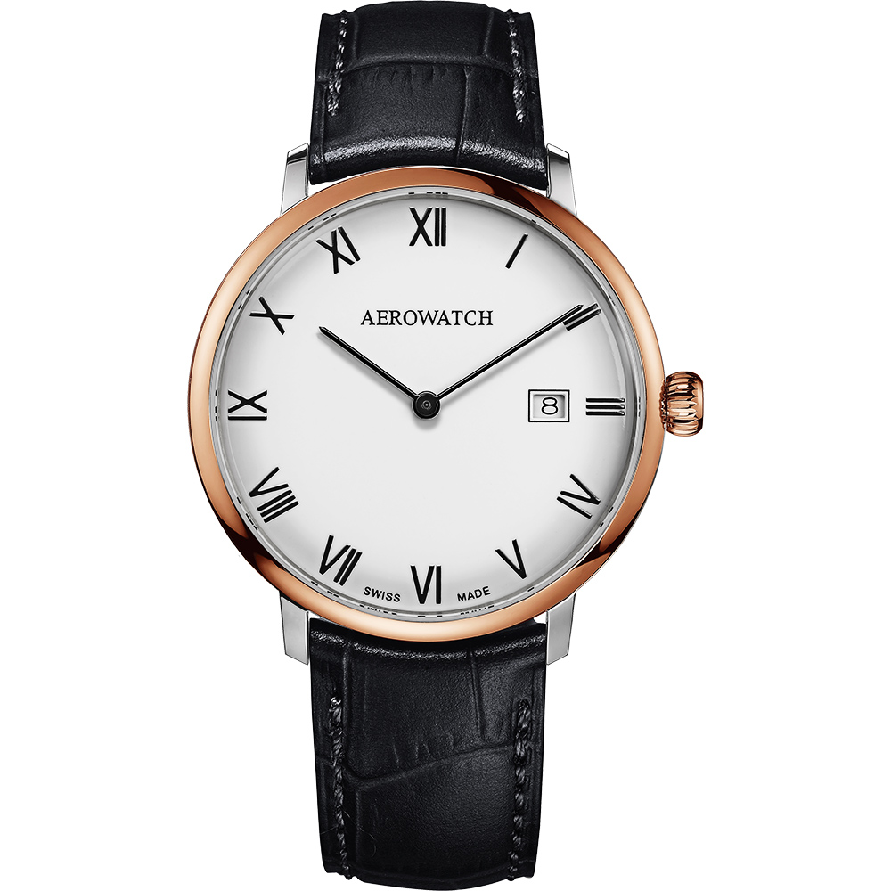 AEROWATCH Heritage系列尊爵時尚石英腕錶-白x玫塊金銀框x黑/40mm