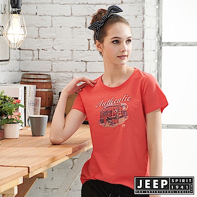 JEEP女裝 圖騰短袖T恤-橘紅色