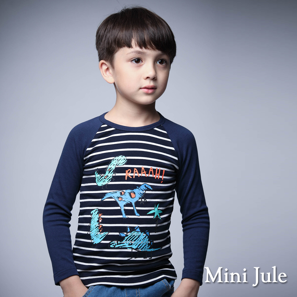 Mini Jule 童裝-上衣 手繪風恐龍條紋長袖T恤(深藍)