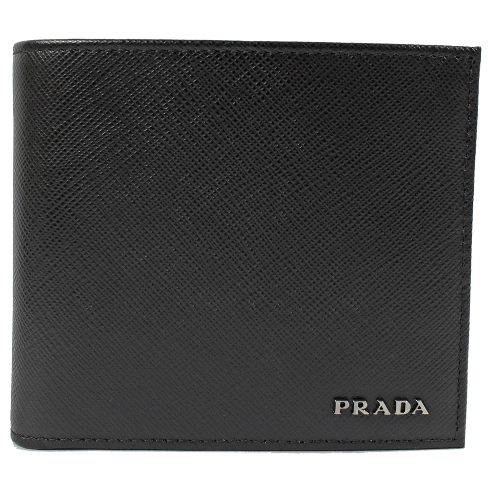 PRADA 金屬LOGO防刮牛皮雙色八卡短夾(黑/軍綠)