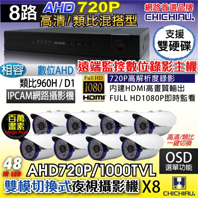 奇巧 8路AHD 720P數位高清遠端監控套組(含48燈百萬畫素攝影機x8)