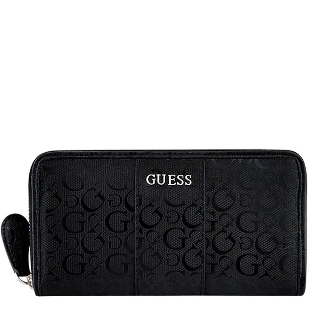 GUESS 黑色LOGO PVC拉鍊十二卡長夾