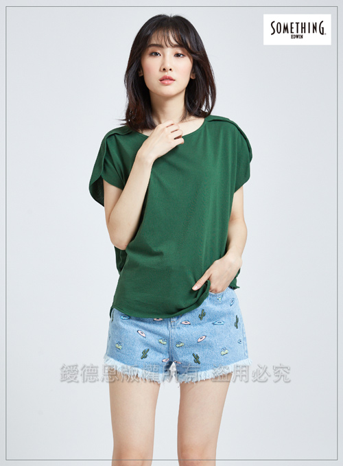 SOMETHING 柔美造型袖寬鬆T恤-女-綠色