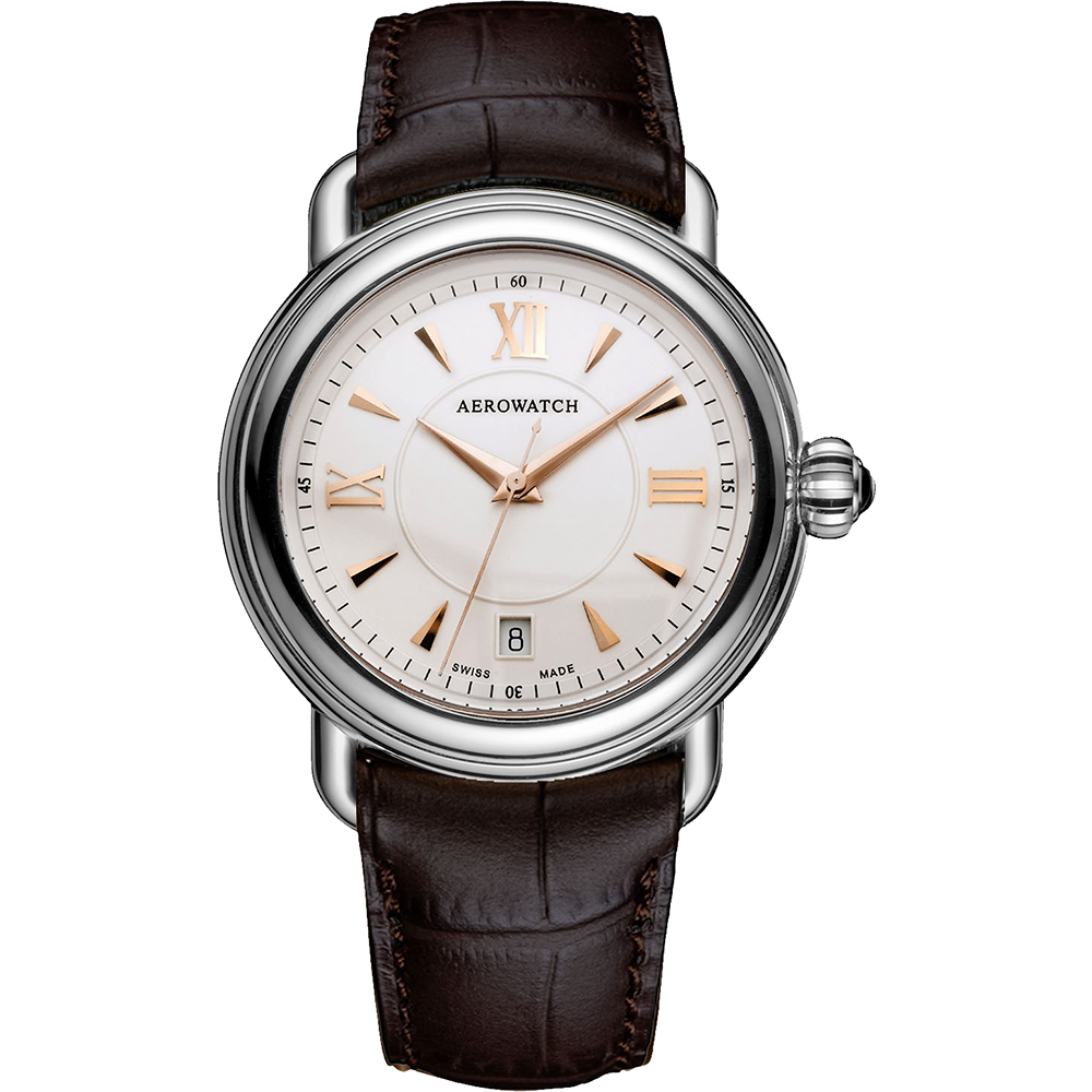 AEROWATCH Lady Elegance 羅馬機械腕錶-銀x咖啡色錶帶/33mm