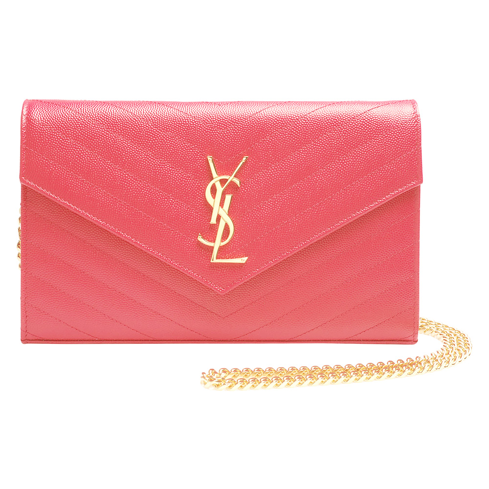 YSL MONOGRAM系列V字縫線魚子醬牛皮金屬LOGO金鍊手拿/肩背包(大-蜜桃粉)