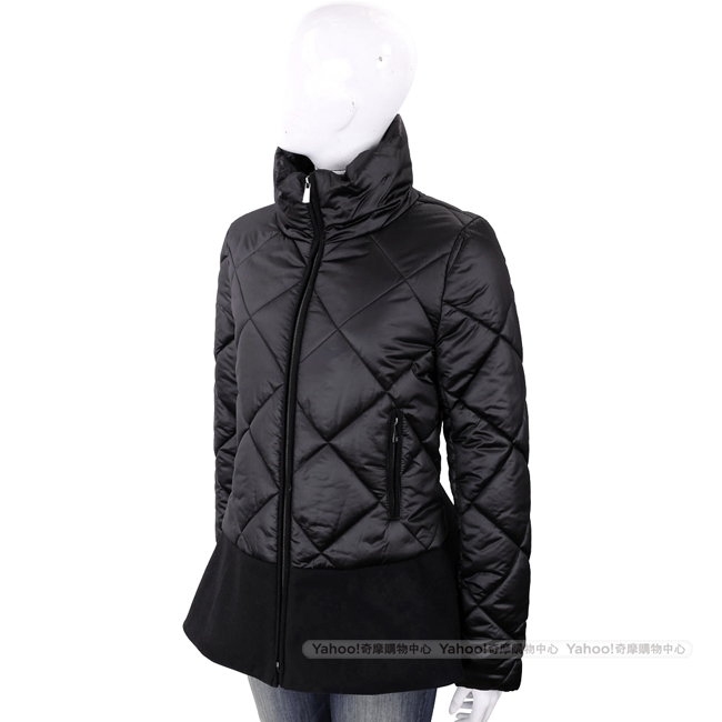 TRUSSARDI 太空棉荷葉擺黑色菱格絎縫科技棉保暖外套