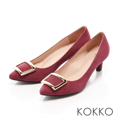 KOKKO- 優雅金屬方扣尖頭真皮高跟鞋 - 醇酒紅