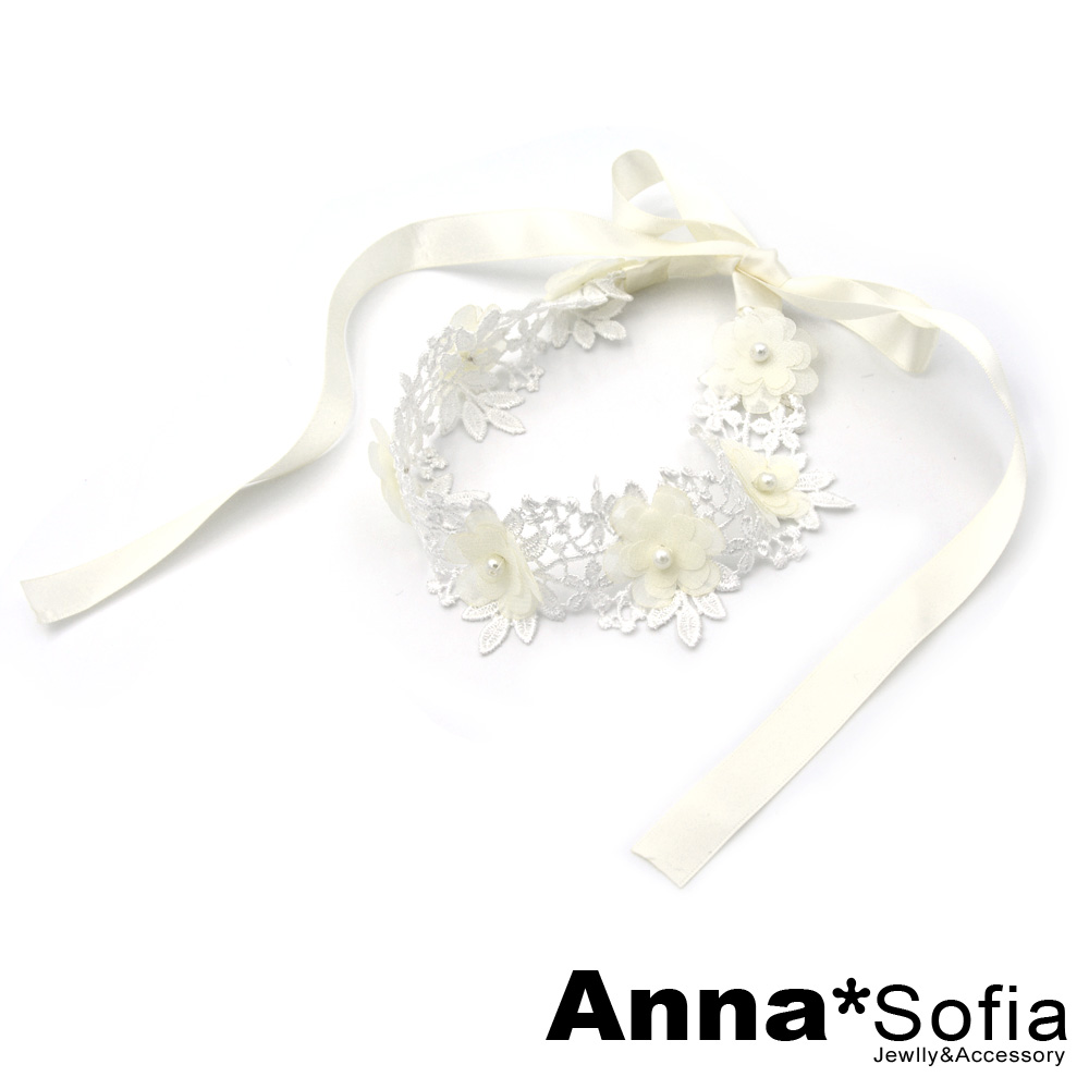 AnnaSofia 韓劇浪漫紗蕾花款 新娘寬髮帶(米白系)