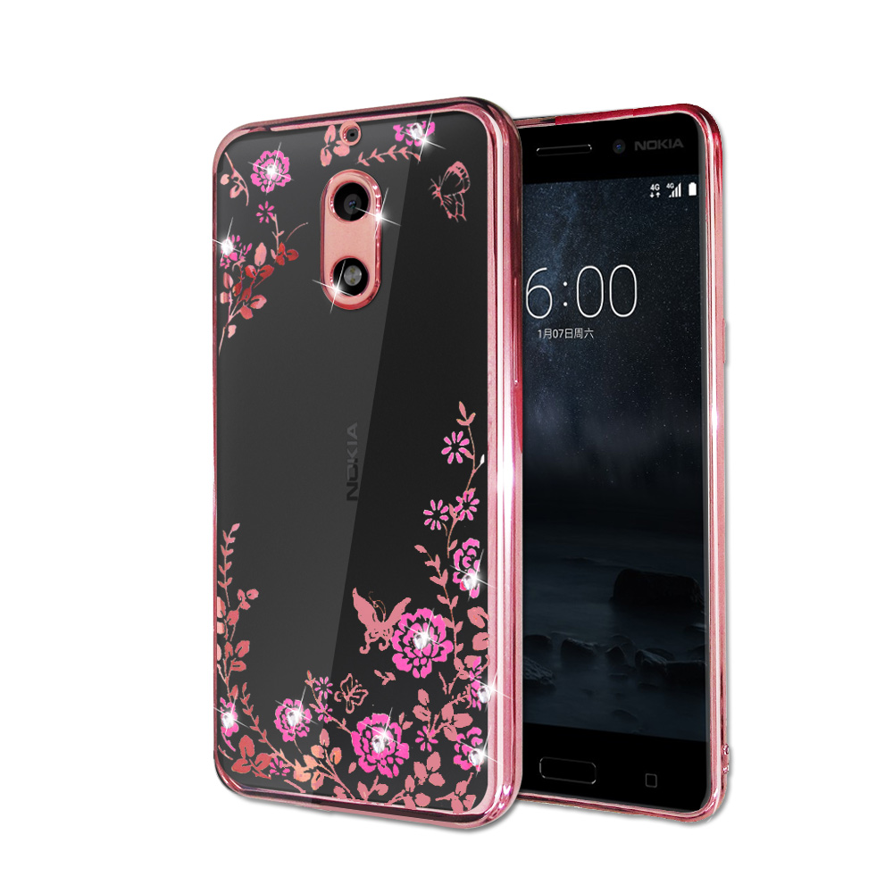 VXTRA Nokia 6 5.5吋 電鍍水鑽 彩繪軟式手機殼(花舞蝶戀)
