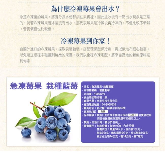 (任選880)幸美生技-冷凍藍莓(1000g/包)