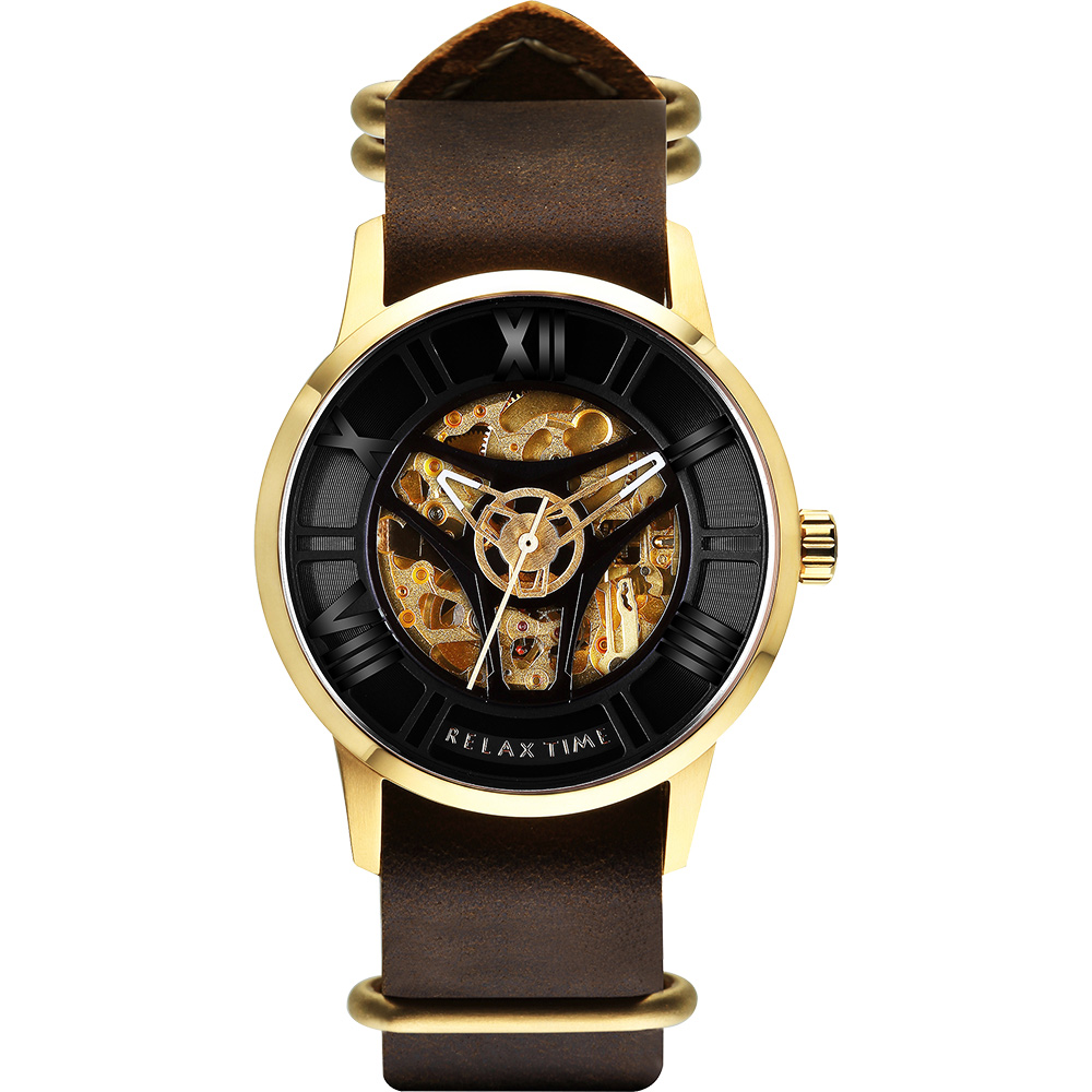 RELAX TIME RT61系列羅馬鏤空限量腕錶-黑x金框x咖啡/42mm