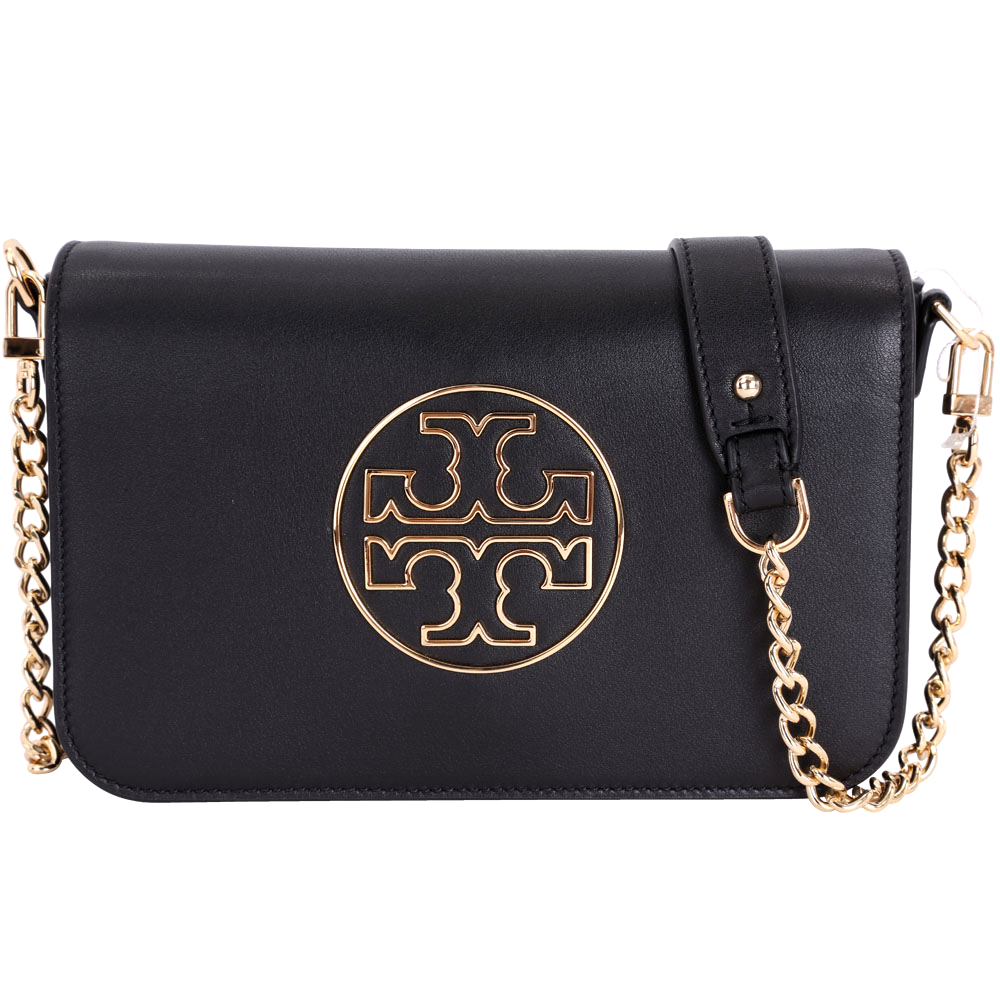 TORY BURCH Isabella 金屬浮刻皮革手拿/鍊帶包(黑色)