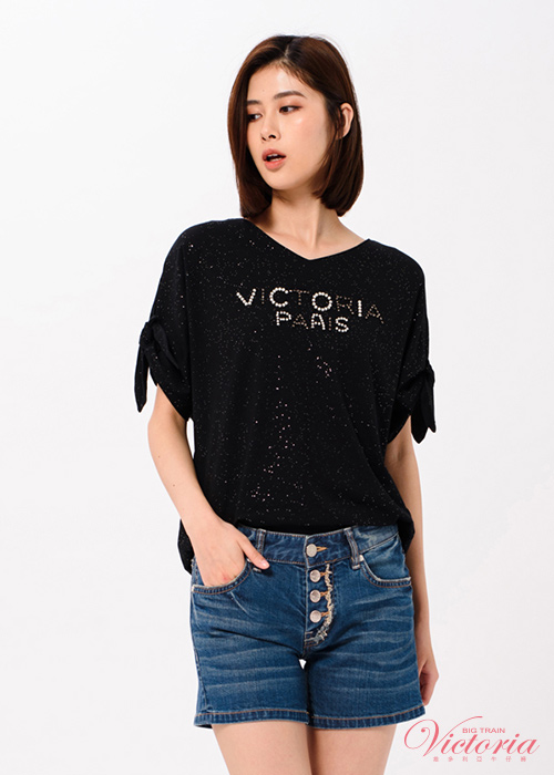 Victoria LOGO縫珠袖綁帶寬鬆短袖T-女-黑色