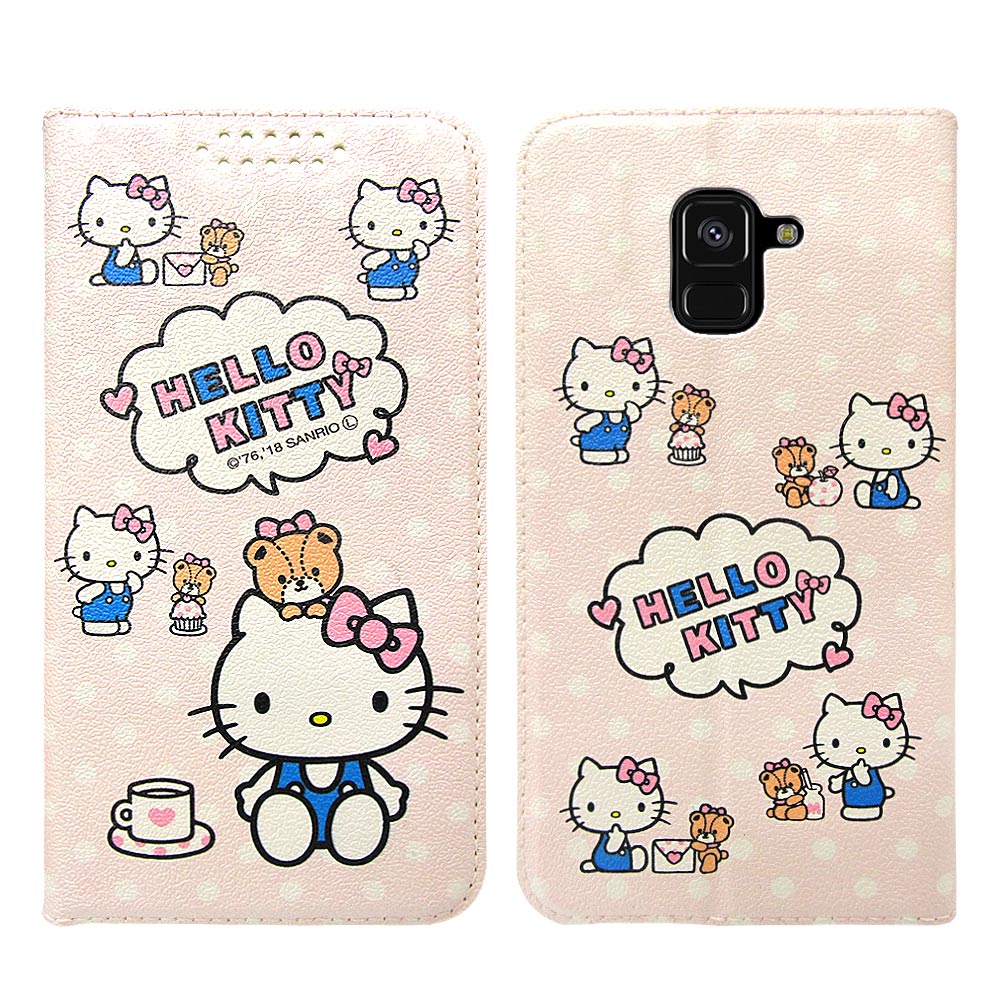 Hello Kitty貓 Samsung A8+(2018) 粉嫩系列彩繪磁力皮套(小熊)