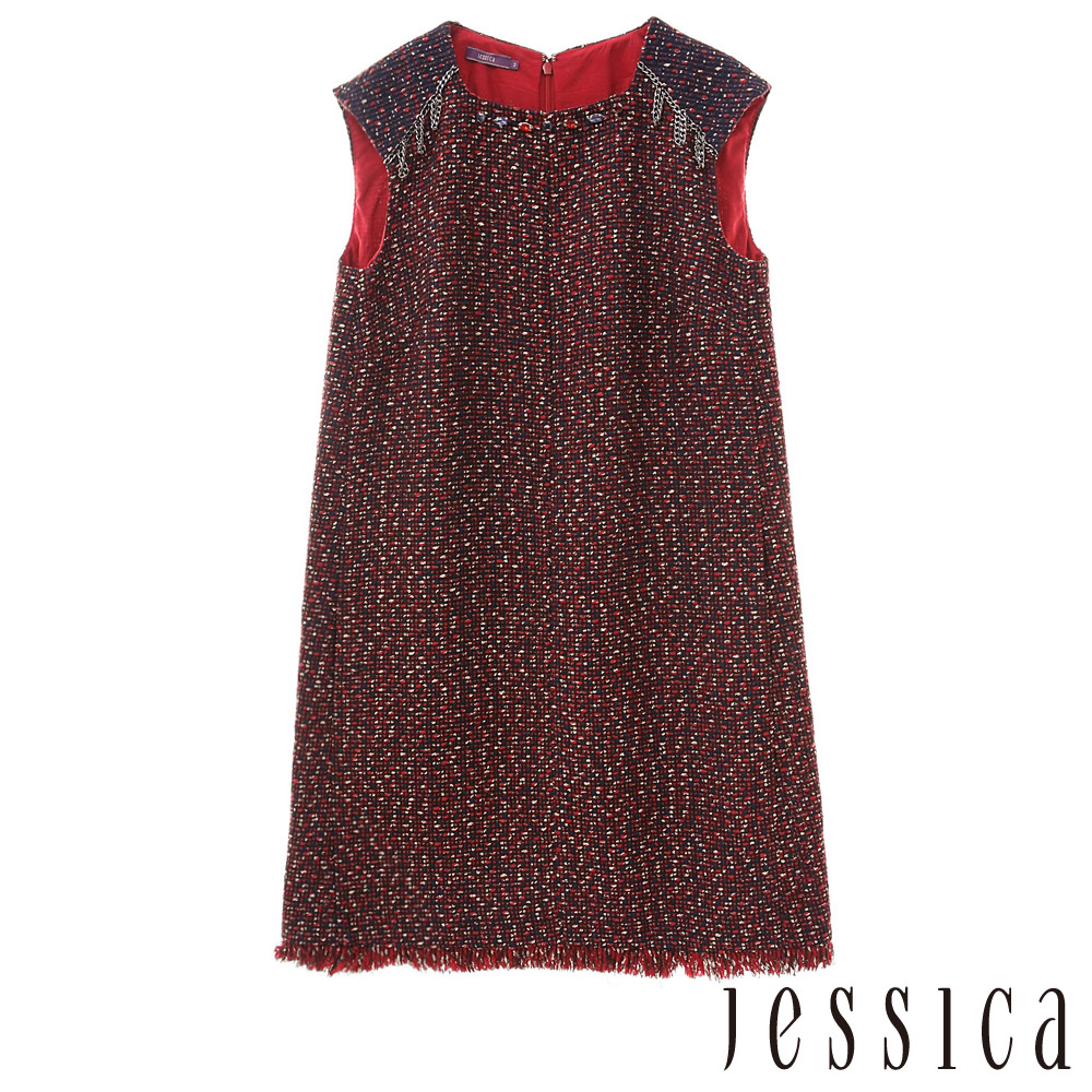 JESSICA-個性鍊飾混毛流蘇造型無袖洋裝（酒紅）
