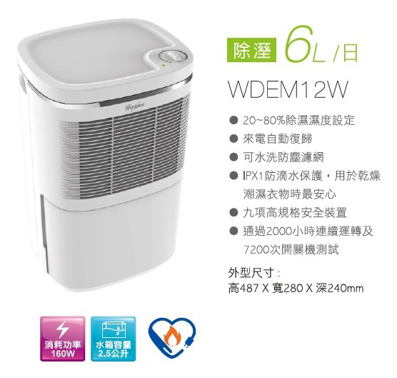 Whirlpool惠而浦 6L 4級節能除濕機 WDEM12W