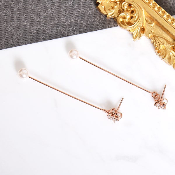 微醺禮物 正韓 鍍K金銀針 鋯石小花朵 垂墜 後耳扣 長珍珠 細緻款 耳針 耳環