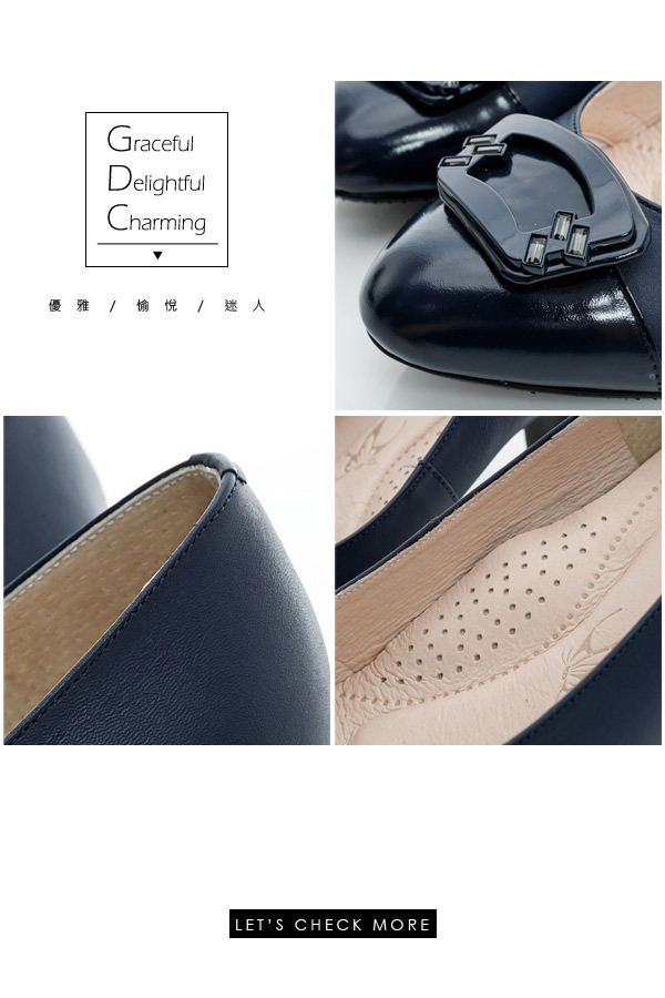 GDC典雅-扇形亮面飾扣真皮中跟鞋-藍色