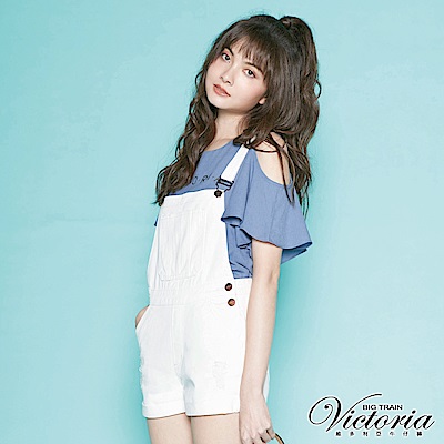 Victoria 白色純棉割破吊帶短褲-女-白色