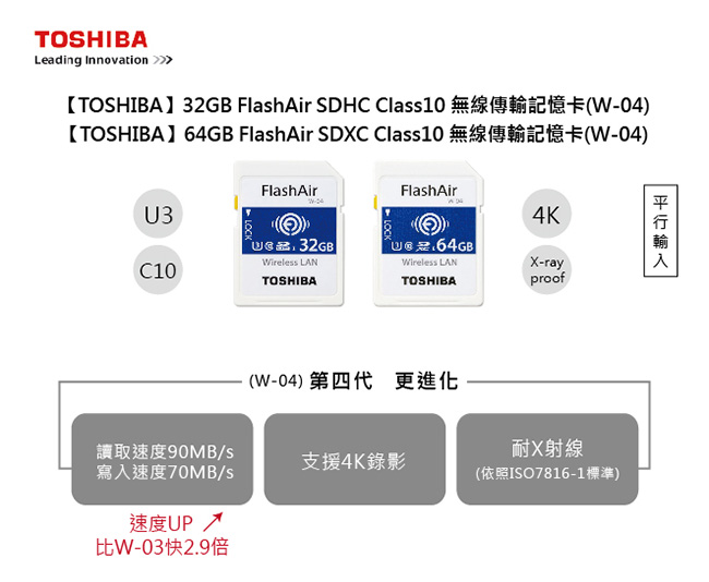TOSHIBA 32G FlashAir SDHC U3 Wifi無線傳輸記憶卡 W-04