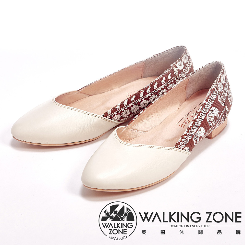 WALKING ZONE 簡約百搭拼布低跟女鞋-米