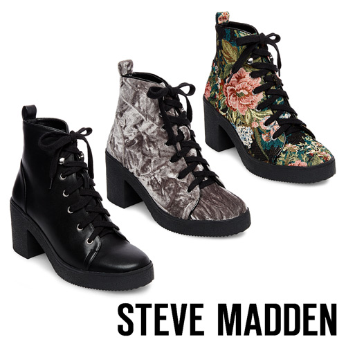 STEVE MADDEN-ABBY-GRY VELVET-厚底粗跟綁帶短靴-絨灰