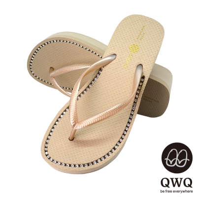 QWQ夾拖的創意(女) - 慛燦面鑽 6cm夾腳拖鞋 - 香檳米