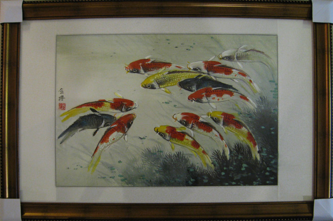 手繪水墨原作 連年有餘【錦鯉畫 錦鯉圖】已裱框
