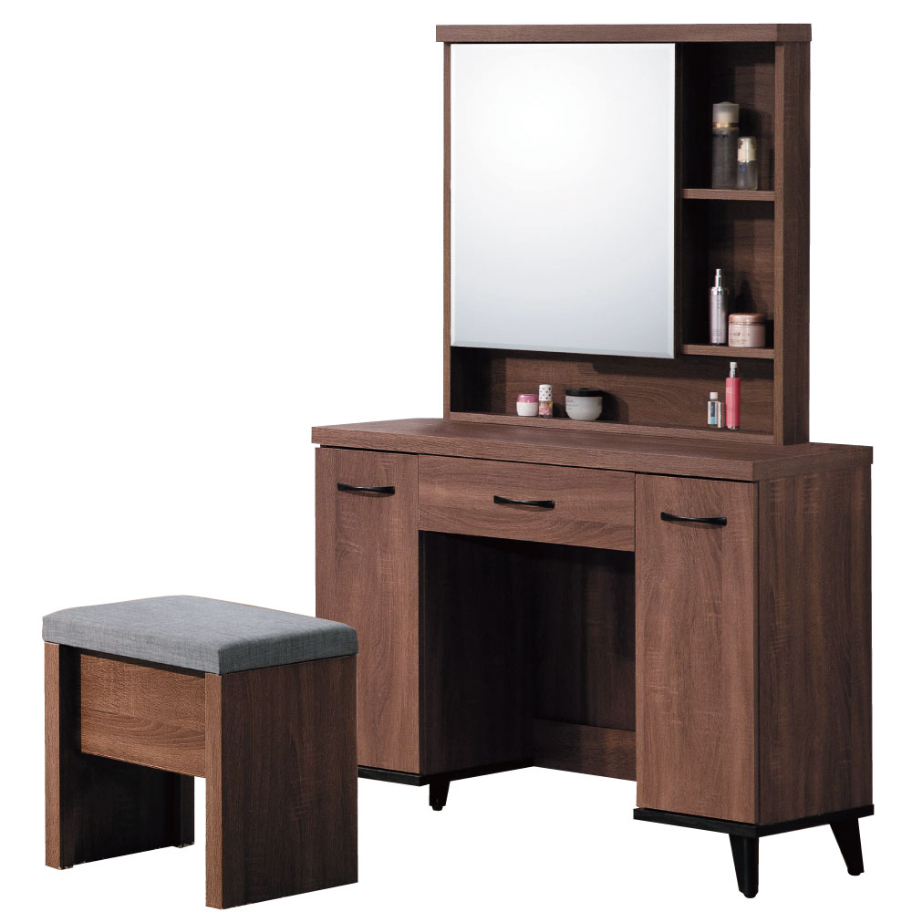 品家居 麥得森3.2尺淺胡桃化妝鏡台含椅-97x40.2x162.6cm-免組