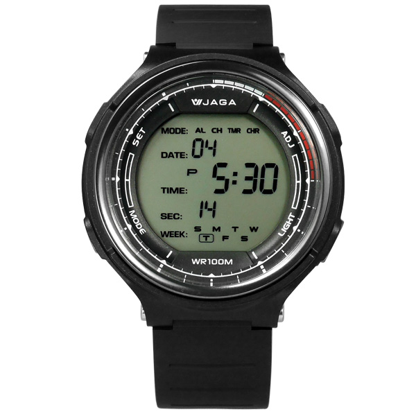 JAGA 捷卡 冷酷電子運動計時鬧鈴防水冷光照明橡膠手錶-黑色/47mm