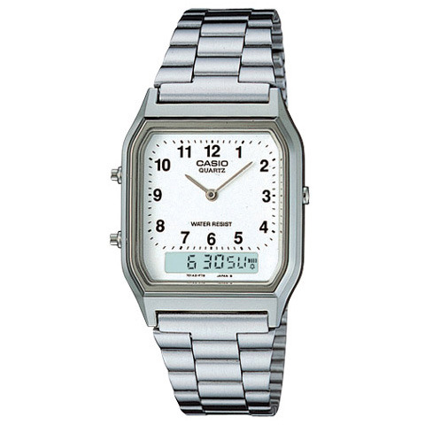 CASIO 銀色時尚復古雙顯指針錶(AQ-230A-7B)-數字白面