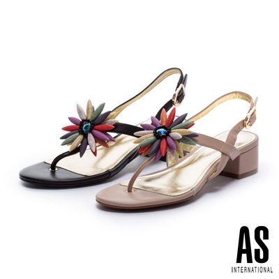 涼鞋 AS 華麗繽紛花瓣點綴T字羊皮粗跟涼鞋－黑