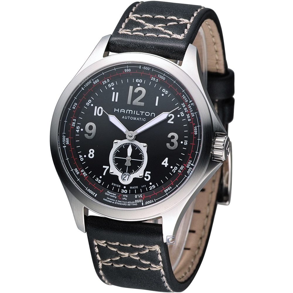 HAMILTON Khaki 航空自動機械腕錶-黑/皮帶/42mm