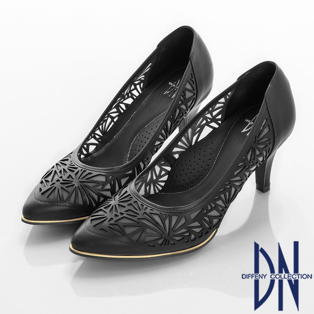 DN 俐落時尚 質感簍空電雕真皮舒適跟鞋-黑