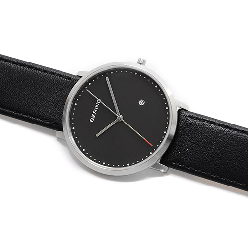 BERING-創意長秒針系列 藍寶石鏡面 黑色皮革黑錶盤39mm