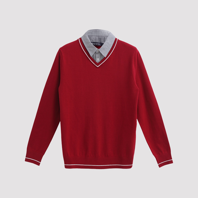 Hang Ten - 男裝 - 假兩件條紋襯衫毛衣 - 紅