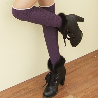 I-shi 日系菱格．羅紋膝上襪(紫)
