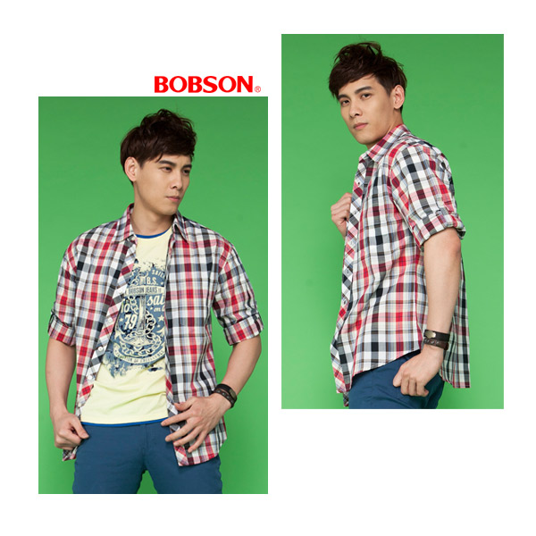 BOBSON 男款七分袖腰身格紋襯衫(紅24004-13)