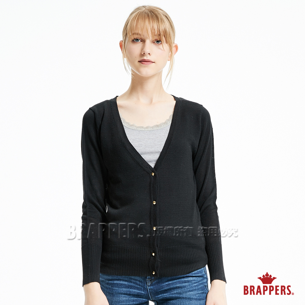 BRAPPERS 女款 V領金釦開襟長袖線衫-黑