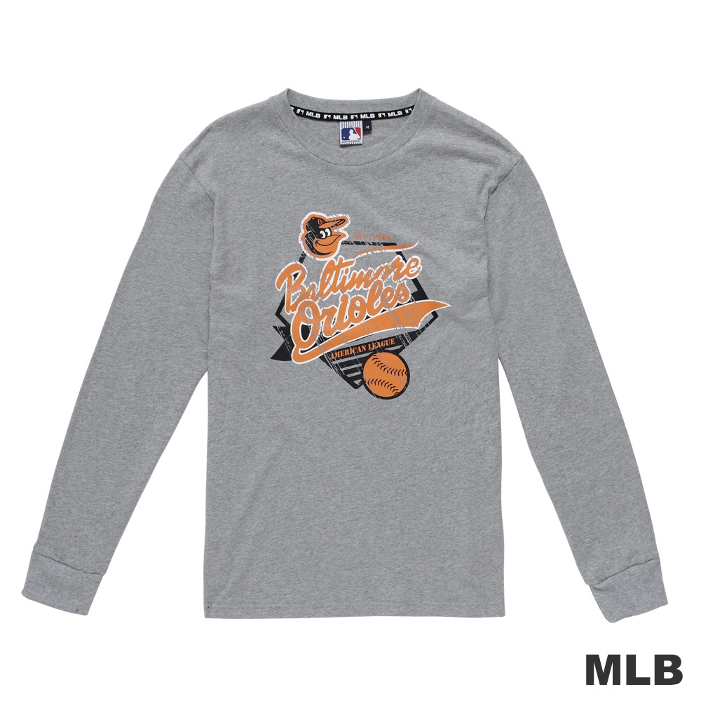 MLB-巴爾的摩金鶯隊長袖縮口斑駁印花圓領T恤-麻灰色(男)