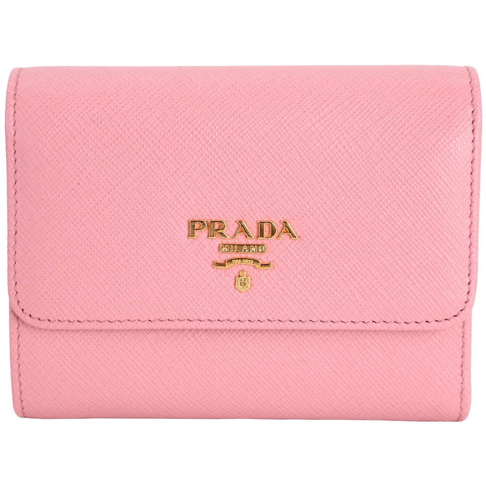 PRADA Saffiano 金字防刮牛皮三折式短夾(粉色)